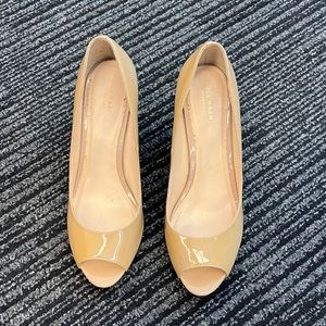 Cole Haan Nude Patent Leather Peep Toe Wedge Heel
